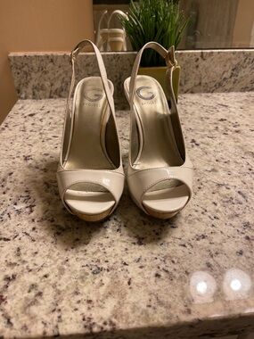 G by Guess White Patent Peep-Toe Slingback Heels